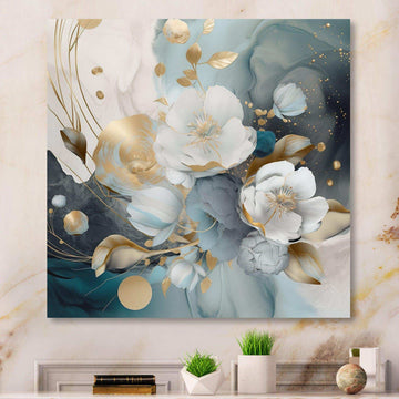 Blue Marble Gold Floral Impressions II - Floral Canvas Wall Art